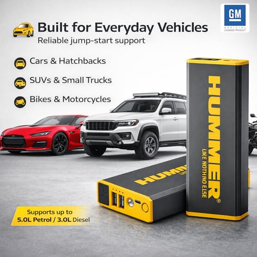Image of Hummer H8 Jump Starter for Car & Bike Battery, 1000A 12V Portable Booster, 27750mWh, AI Smart Safety, LED Emergency Light, Starts 5.0L Petrol / 3.0L Diesel