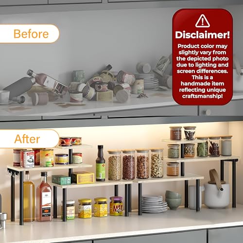 Image of ABJA Stylish Wooden Rack for Kitchen Storage, Corner Shelf for Kitchen Organizer, 3 Tier Spice, Oil Stand, Tabletop Adjustable Rack for Makeup, Office (Classic Beige, 3 Tier Corner)