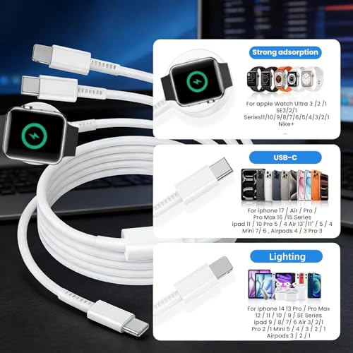 Image of Verilux 3 in 1 Multi Watch Charger Cable, 5.9Ft /1.8M Type C Cable for iPhone Magnetic Charging Cable for Watch, Type C to C /Lighting /Magnetic Pad for iPhone 17 /16 /15 /14, iWatch Ultra /SE Series 11 /10