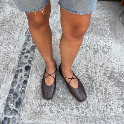 Image of Women's Square Toe Ballet Flats Criss-Cross Straps Comfortable Slip On Mary Jane Flat Shoes for Office Work Casual
