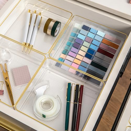Image of Martha Stewart Kerry Plastic Stackable Office Desk Drawer Organizers, 6 inch x 6 inch, 4 Pack, with Gold Trim