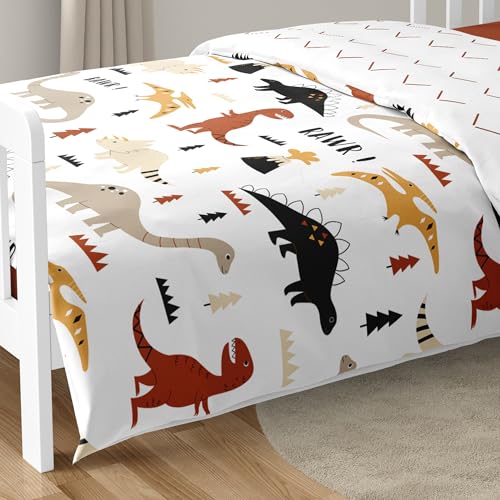 Image of Sweet Jojo Designs Mod Dino Boy Girl Toddler Bedding Set - 5pc Comforter Sham Sheets - Orange Tan Rust Taupe Mustard Yellow Beige Brown Black Modern Dinosaur Boho Dinosaurs Arrow Chevron Herringbone
