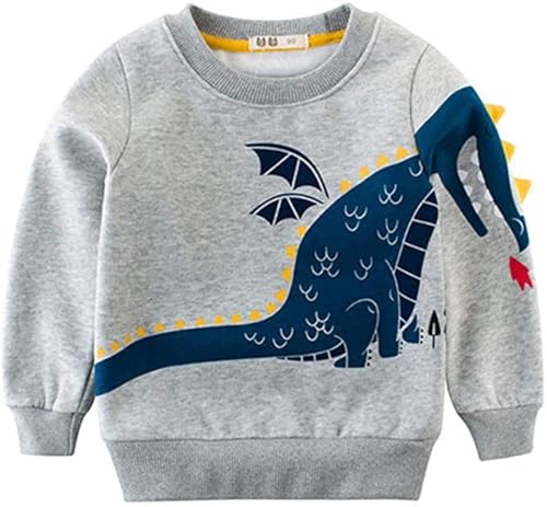 Image of Popshion Toddler Boys Sweatshirts Dinosaur Long Sleeve Pullover Crewneck Shirts Cartoon Tee Sport Tops for Kids 1-8T