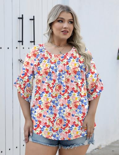 Image of Micoson Womens Plus Size Tops 3 /4 Ruffle Sleeve Crewneck Pleated Shirts