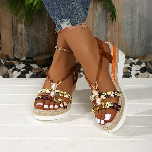 Womens Wedge Sandals Flower Low Heel Open Toe Sandals Elastic Ankle Strap Fashion Summer Casual3