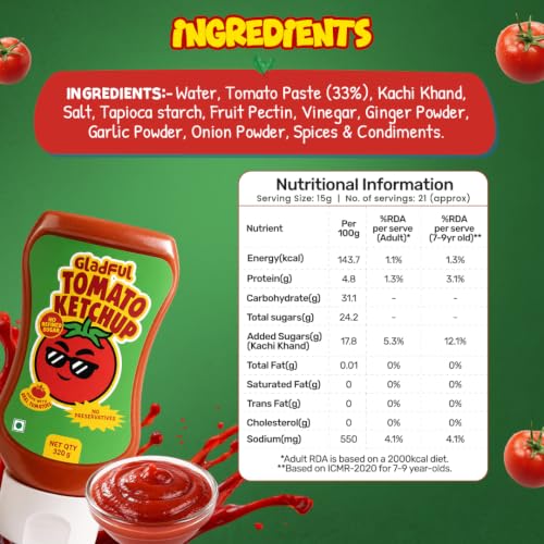 Image of Gladful Tomato Ketchup for kids | 33% Concentrated Tomato Paste | No Refined Sugar | No Preservatives | Sweetened with Kachi Khand | Kids Tomato Sauce | Sandwich, Fries & Snacks Dip | 320g