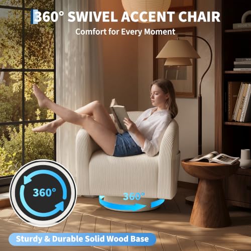 Garvee Swivel Accent Chair Upholstered Corduroy Barrel Chair with 360 Degree Swivel Engineered Wood Base Round Armchair for Living Room Bedroom Reading Room(Beige) - Image 3