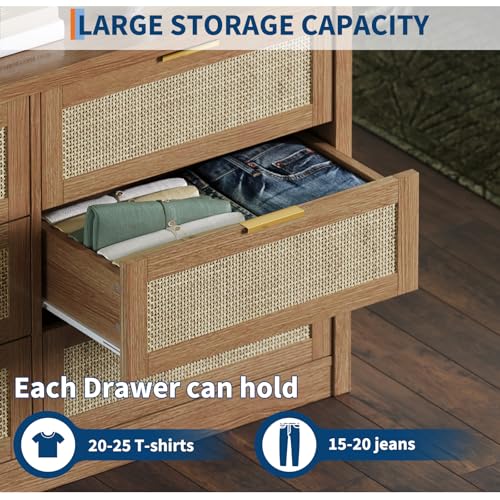 6 Drawer Dresser for Bedroom, 52.7" Wide Rattan Dresser, Wooden with Gold Handles, Farmhouse Tv Stand Entryway Table, Modern Chest of Drawers for Living Room, Entryway
