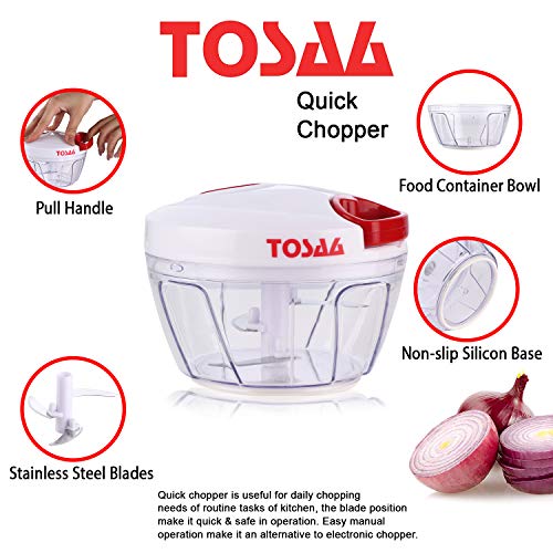 Image of Tosaa Vegetable Pull Chopper 450 ml with Bowl & 3 SS Spiral Blades (Color May Vary, Plastic)
