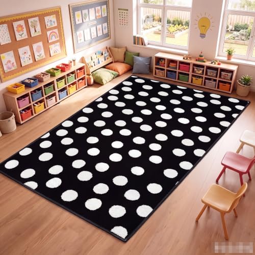 Nuanchu Large Polka Dot Classroom Rug 6.5 x 12.1 ft Black and White Classroom Carpet with Rubber Backing Non-Slip First Day of School Rugs for Playroom Nursery Preschool
