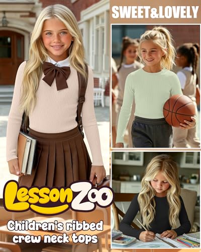Image of 4 Pack Girls Long Sleeve Shirts Ribbed Knit Cotton Crewneck Tops Slim Fit Soft Casual Kids Base Layer Undershirts