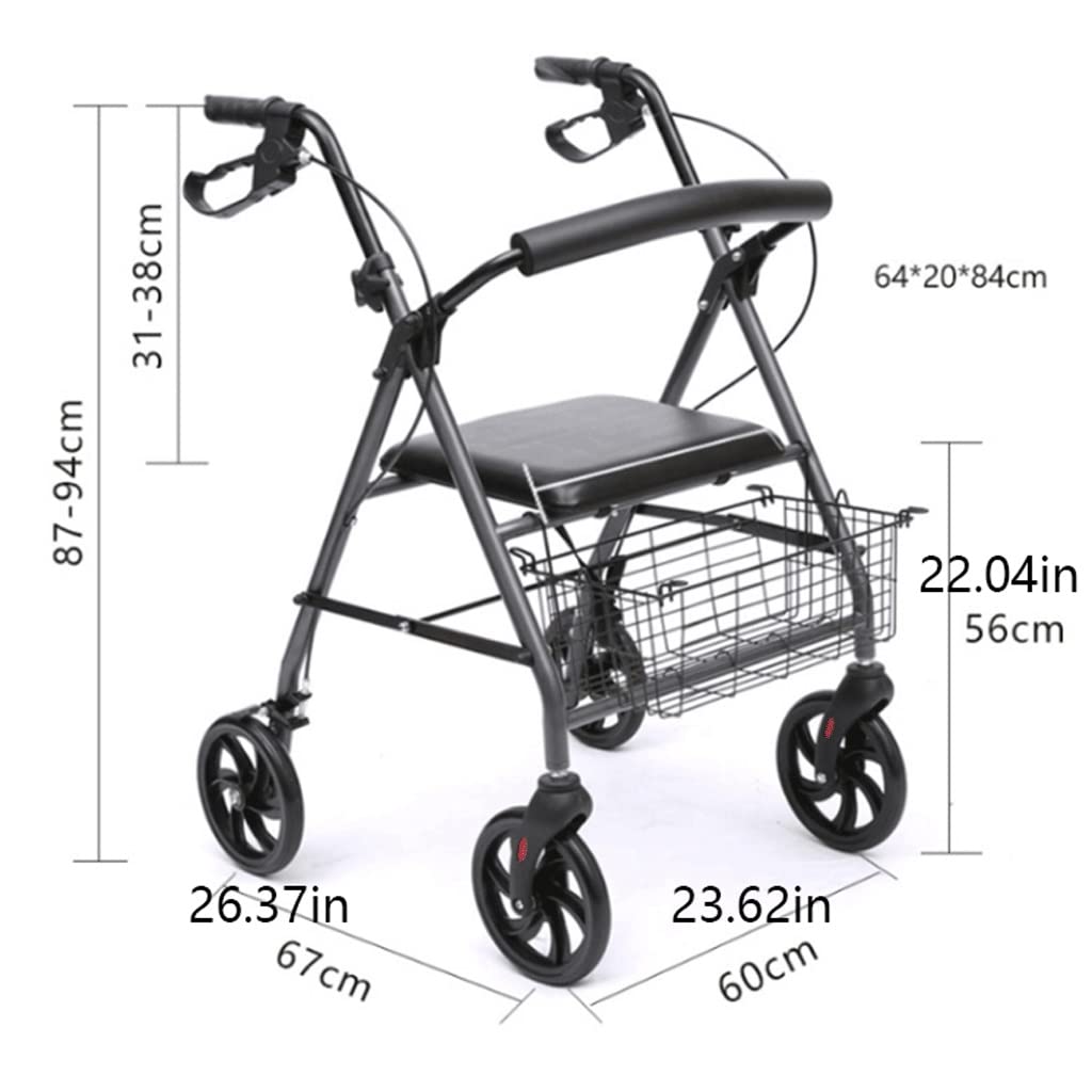 Andador estándar plegable de cuatro ruedas con asiento acolchado, frenos bloqueables y cesta de almacenamiento, ayuda a la movilidad para ancianos o discapacitados