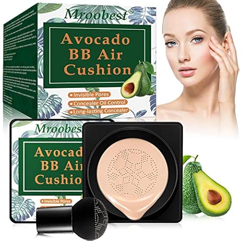 BB Mushroom Air Cushion, Avocado BB/CC Cream, All-Day Lasting Nude Foundation, Even Skin Tone Makeup Base, Easy to Apply, Thin, Moist Cover