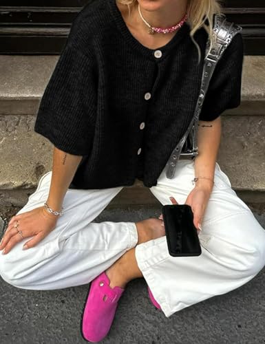 Women's Lightweight Cardigan Sweater Short Sleeve Button Down Crop Sweater Knit Casual Sweater Top 7