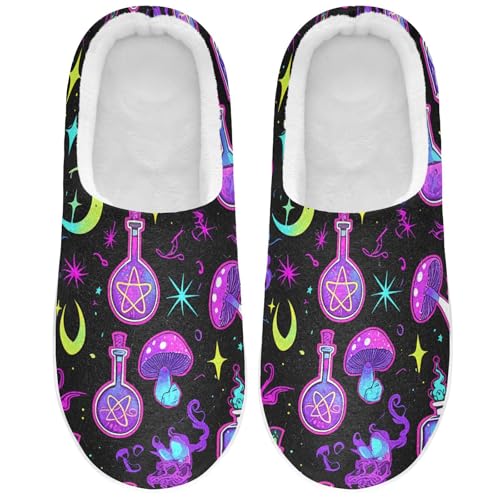 JUNZAN Neon Goth Magic Witch Cotton Slippers for Men Wide Memory Foam Mens Slippers for Travel Funny Presents 6-7