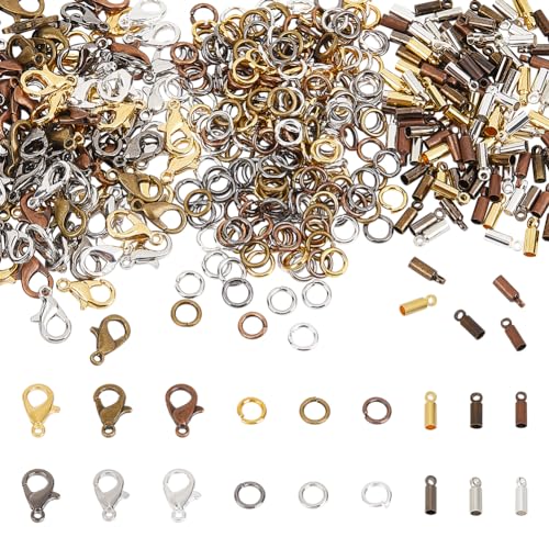 PH PandaHall 540pcs Jewelry Making Accessories Kit, 120pcs Brass Cord End Caps Crimp Column End Tips 180pcs Lobster Claw Clasps 240pcs Open Jump Rings for DIY Jewelry Bracelet Necklace Making