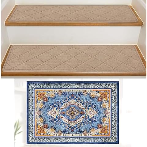 KOOTETA Non Slip Stair-Treads for Wooden Steps Indoor 15 Pack with 1 Pack 24" x 36" Landing Mat Slip Resistant Stair Rugs,Set of Indoor Stair Runners for Kids and Dogs Cover