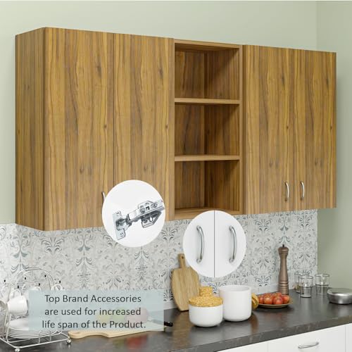 Image of VIKI Furniture |Pivot Modular Kitchen Wall Cabinet - 4 Door Cabinet with Open Shelf | Space Saving Rack for Spices | DIY Home Storage Cupboard (Brussel Walnut - 30D x 200W x 80H cm) | 1 Year Warranty