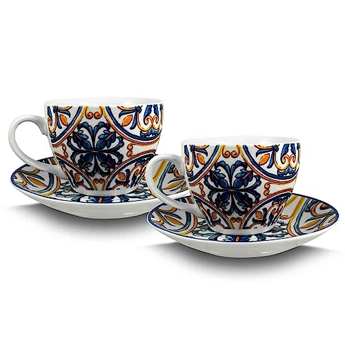 ARCA, Set di 2 Tazze con Piatto da 14 cm, Realizzate in Porcellana, Semplici e Pratiche, Lavabili in Lavastoviglie, Collezione Vietri, 9x6 cm, 220 ml