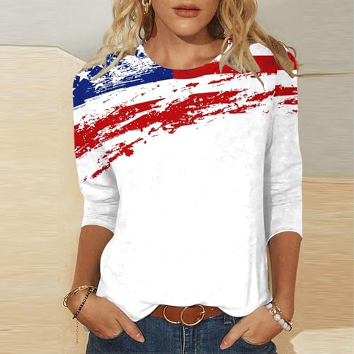 Image of Fourth of July Shirts for Women 3 /4 Sleeve Summer Tops American Flag Print T Shirt Patriotic 4th of July Shirts 2025