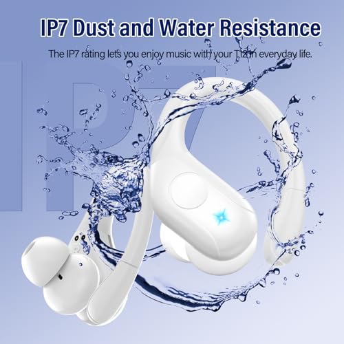 Image of Qecnato Bluetooth 5.4 Headphones 75H Stereo Deep Bass Sports Over Ear Buds with Earhooks, LED Display Bluetooth Earbuds, IP7 Waterproof Earphone, White