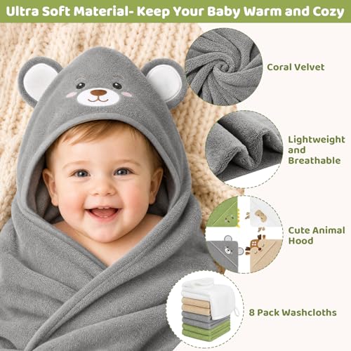 Image of 12 PCS Baby Bath Towels Set for Infants Toddlers Essentials (Deep Green, White, Grey, Brown)