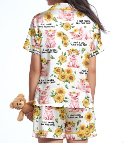 Image of HUNTFAMI Womens Soft Silky Satin Pajamas Set, 2 Pcs Sleep Short Pajamas for Mom and Grandma Button Down Summer Loungewear