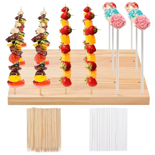 IHKFILAN 30 Holes Wooden Skewer Display Holder Rectangle Fruit Kabobs Skewers Stand Catering Appetizer Fruit Pick Stand Skewers Wheat Color Wood Lollipop Holder for Baby Shower Birthday Cocktail Party