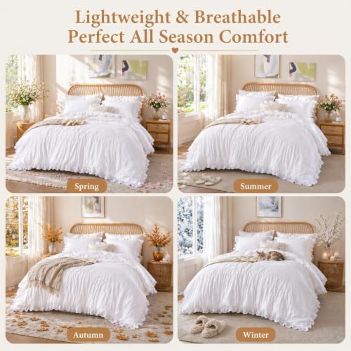 Image of JANZAA White Comforter Set King - Soft Microfiber, Lightweight All Season Bedding, Ruffle Shabby Chic Aesthetic, Breathable Cozy Bed Set with 2 Pillow Shams, Machine Washable