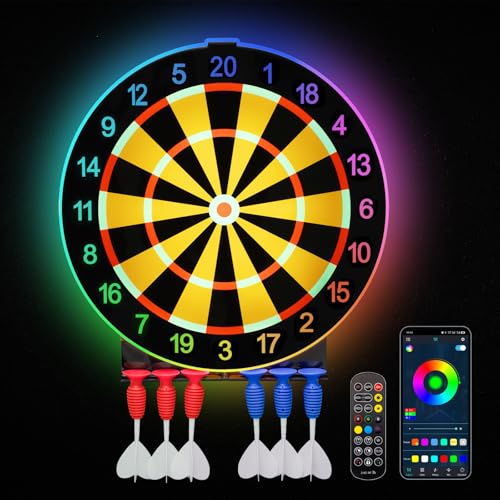 LED Light Up Dart Board with 6 Safe Suction Cup Darts 15-Inch LED Dartboard with Backlight Support Remote Control & Application Control Indoor Game Party Games Bar Games Family Fun (Colorful)