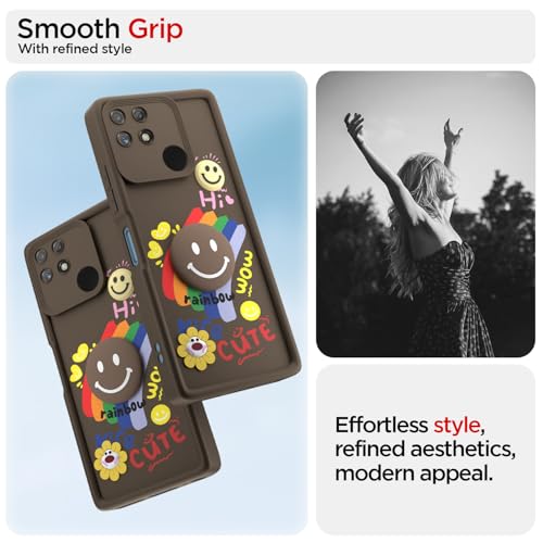 Image of Pikkme Back Cover for Realme Narzo 50A | Soft Silicone| Cute Rainbow Smile & 3D Cartoon Flower Design | Shockproof Raised Camera Protection Bumper Case (Brown)