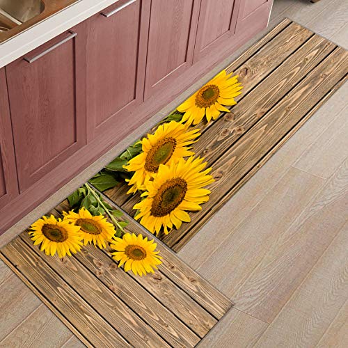 Fantasy Staring Kitchen Rugs Sets 2 Piece Floor Mats 3 Sunflower on The Wooden Table Doormat Non-Slip Rubber Backing Area Rugs Washable Carpet Inside Door Mat Pad Sets (19.7