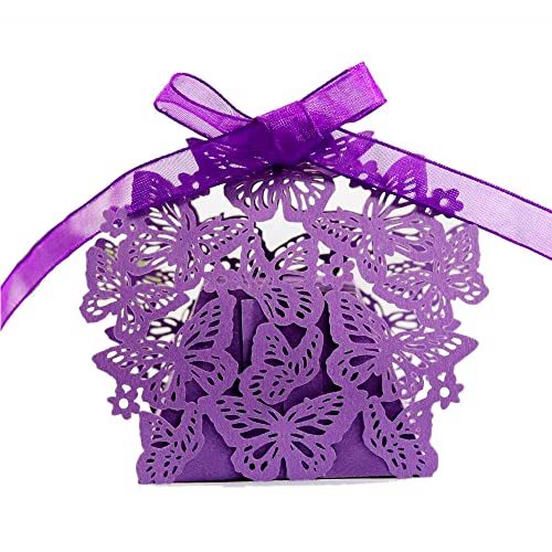 GIVBRO Lot de 50 boîtes à dragées en forme de papillon creux avec ruban pour anniversaire, décoration de fête Violet