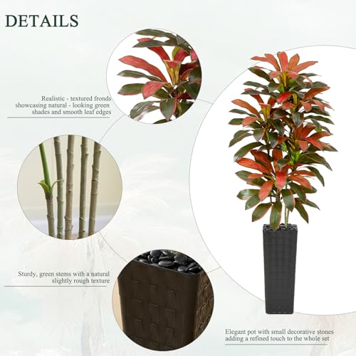 Image of Artificial Red Dracaena Tree Indoor, 7FT Tall Fake Floor Plants with Black Planter & Pebbles, Faux Silk Yucca Tree for Home Office Living Room Bedroom Farmhouse Modern Outdoor Topiary Tree