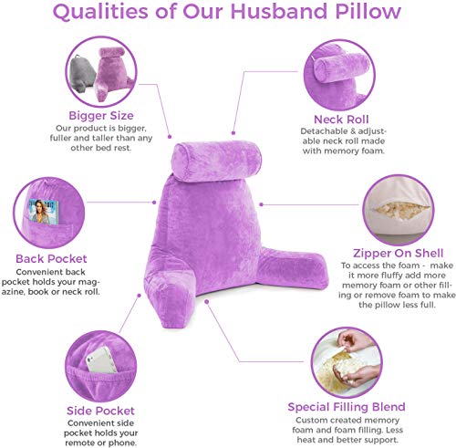 XXL Husband Pillow Light Purple Backrest with Arms - Adult Reading Pillow Shredded Memory Foam, Ultra-Comfy Removable Microplush Cover & Detachable Neck Roll, Unmatched Support Sit Up Bed Chair Pillow - Thumbnail 3