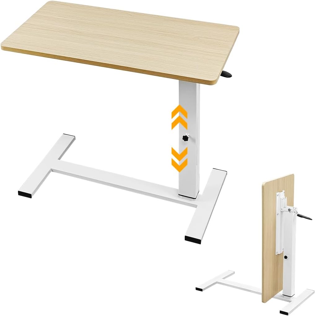 lumizone Foldable Overbed Table with Wheels Adjustable Height Bedside Desk 27.56"-36.61" Rolling Hospital Bed Table with Casters Medical Tray for Home Use Desk Over The Bed Natural Wood