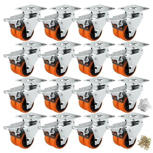 Image of Caster Wheels, 2inch Casters Set of 16 Heavy Duty, Two-Wheeled Orange TPE Casters with Brake, Double-Wheeled Swivel Plate Locking Castor Wheels Widely Used in All Kinds of Furniture.(16 Pack)
