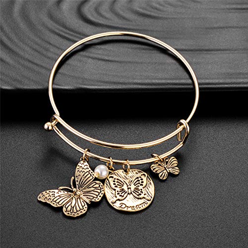 Image of LUX ACCESSORIES Minimalist Butterfly Dream White Pearl Pendants Gold Bangle Bracelet