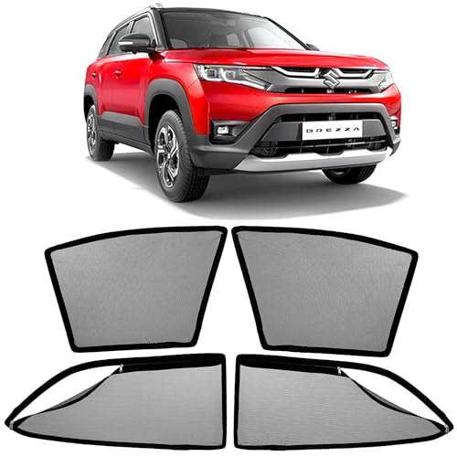 Image of AutoStory Magnetic Car Sunshade for Brezza 2022 2026 | Front Half Cut for Mirror Visibility + Rear Full Coverage with Zipper | Heavy Heat & UV Protection | Privacy Side Window Curtains Shades