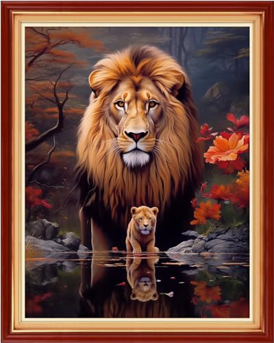 Image of Dimxvean Stamped Cross Stitch Kits,Cross Stitch Kits for Adults Beginners,Embroidery Kits Full Range of Cross Stitch Stamped Kits Needlepoint Kits Cross Stitch Patterns-Lion 16x20 inchs