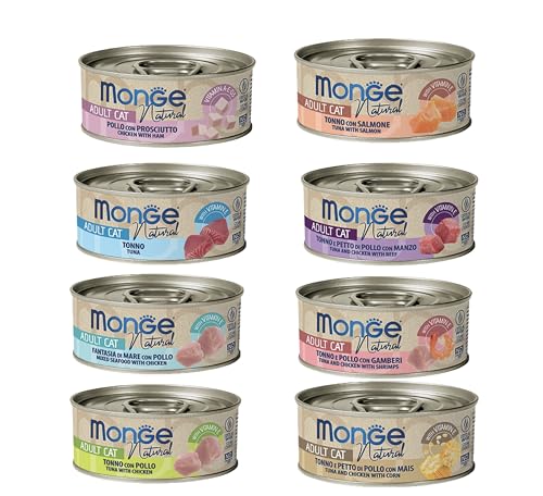 Monge Natural Cibo Umido per Gatti Adulti, Gusti Assortiti, 6 Scatolette da 80g l'uno