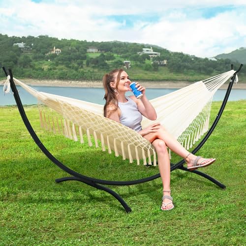 Image of SUNCREAT Portable Outdoor Hammock with Stand Included, Double Hammock with Tassel for Outside, Beige