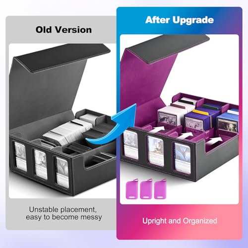 Image of UAONO Card Storage Box for Trading Cards, 1800+ Commander Deck Box for MTG with Display Window, Toploader Card Case fits Magic TCG PTCG Sports Cards; 10 Removable Divider, 3 Stoppers (Black, Purple)
