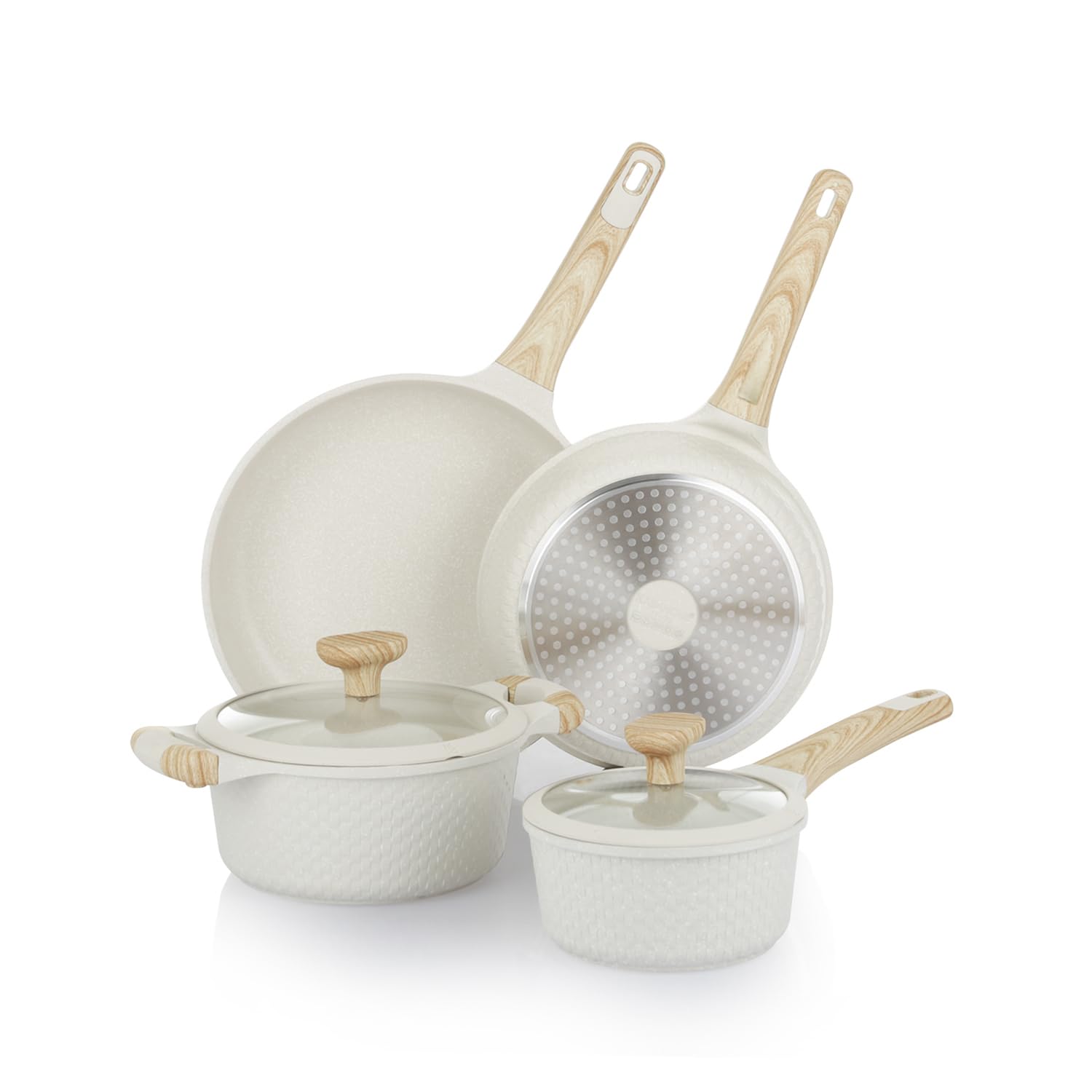KASANOVA Batteria pentole antiaderenti 6 pezzi Bambù, Padelle e casseruole per induzione e tutti i piani cottura, Set pentole bianco con manici effetto legno