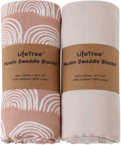 LifeTree Muslin Baby Swaddle Blankets, Baby Swaddling Neutral Receiving Blanket for Boys & Girls, 70% Bamboo & 30% Cotton, Large 47 x 47 inches Rainbow & Fog Ivory