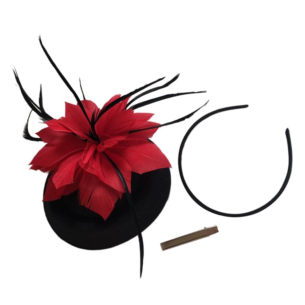 MERISHOPPFeather Fascinator Headband Ladies Race Royal Ascot Black Hat+Red Feather| Womens Accessories | Fascinators & Headpieces|1 Piece Of Fascinator Headband
