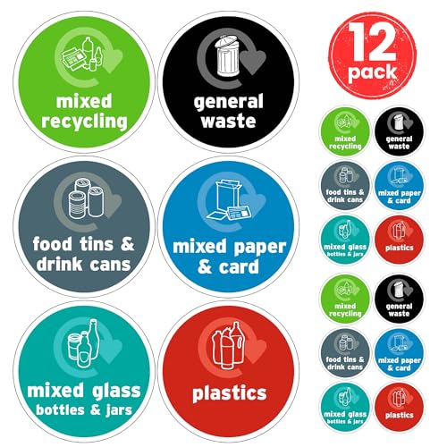 Recycling Bin Stickers Signs for Bins 12x Pack - 6 Designs 100mm x 100mm Self-Adhesive Vinyl Stickers Waterproof Decals Indoor Outdoor General Waste Signs Mixed Waste Made in UK.