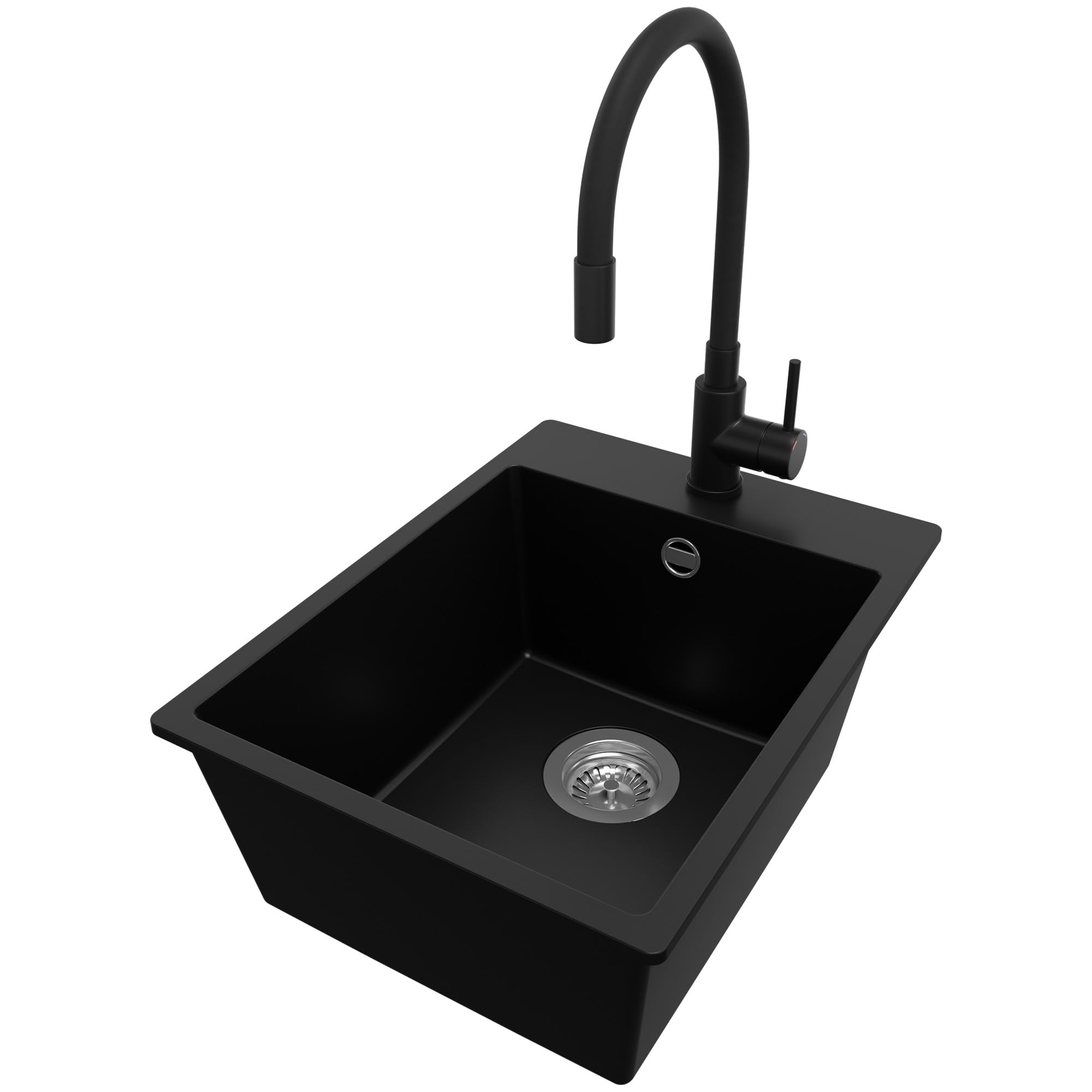 PRIMAGRAN Fregadero Granito Negro - Riga, 38x50cm | Cocina 1 Seno + Grifo 38x14cm + Set de accesorios, sobre Encimera al Mueble 40cm (S061)