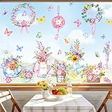 Supzone Fensterbilder Blumen Frühling Sommer Fensteraufkleber Selbstklebend Blumen Vase Schmetterling Girlande Fenstersticker Anti-Kollision Fensterfolie Glastüren Fensterdeko