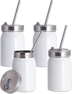 PYD Life Blanks Mason Jar 17 OZ Wide Mouth White Stainless Steel Tumbler with Lid and Metal Straw for Cricut Mug Press Machine Sublimation Print 4 Pack